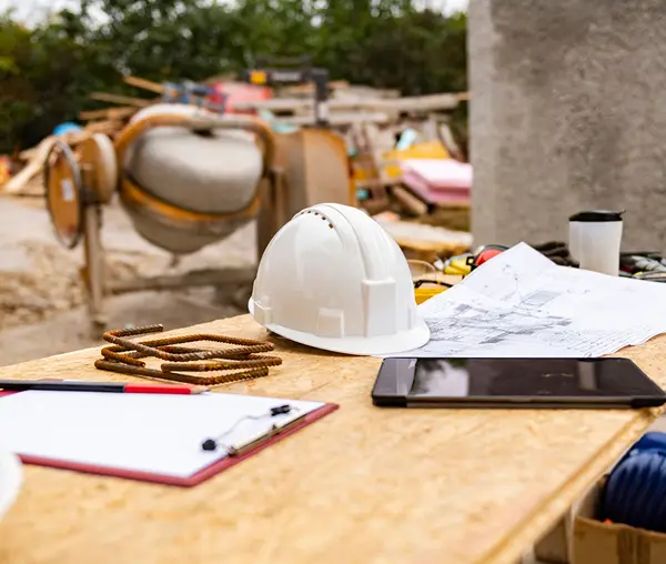 Hard hat and clipboard at building site