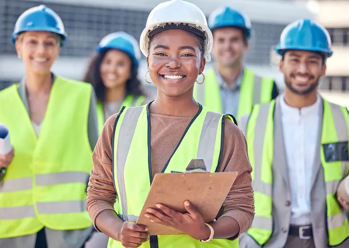 Construction team wearing safety gear smiling