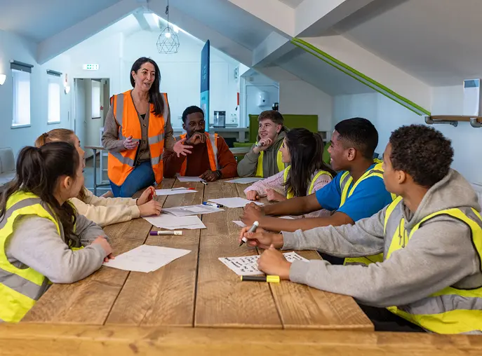 Construction team meeting around a table